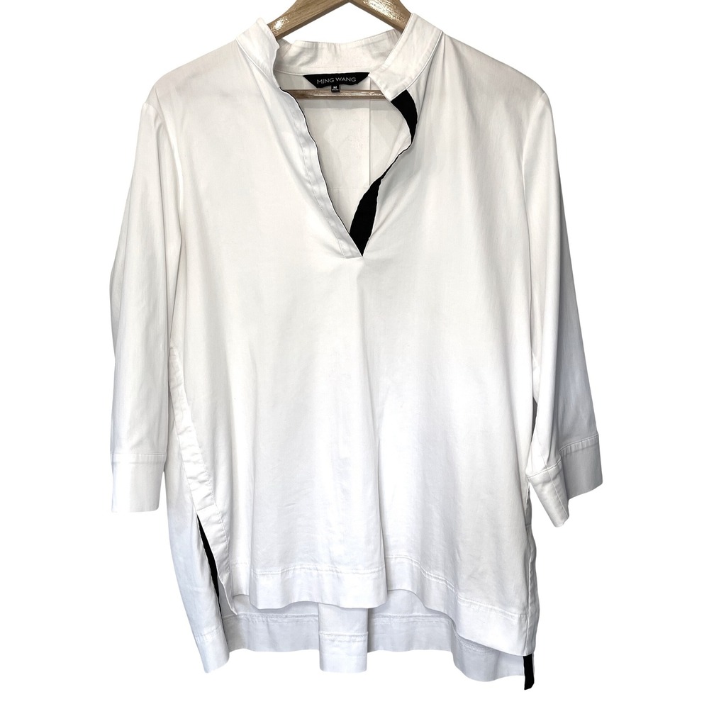 Ming Wang White Black Cotton V-Neck Tunic Blouse Top Medium Capsule Quiet Luxury
